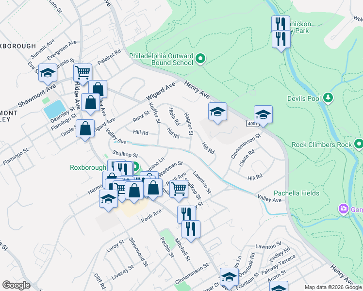 map of restaurants, bars, coffee shops, grocery stores, and more near 611 Hagner Street in Philadelphia