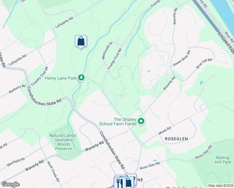 map of restaurants, bars, coffee shops, grocery stores, and more near 1357 Hearthstone Lane in Gladwyne