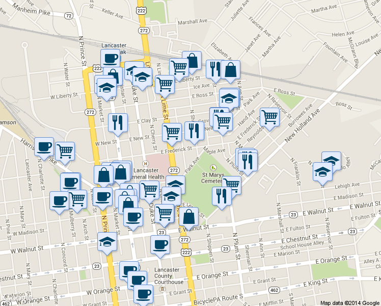 map of restaurants, bars, coffee shops, grocery stores, and more near 231 East Frederick Street in Lancaster