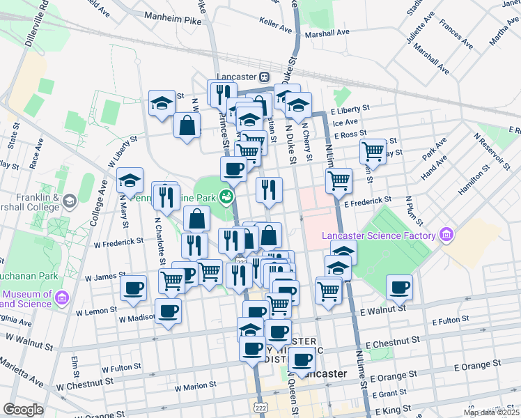 map of restaurants, bars, coffee shops, grocery stores, and more near 629 North Market Street in Lancaster