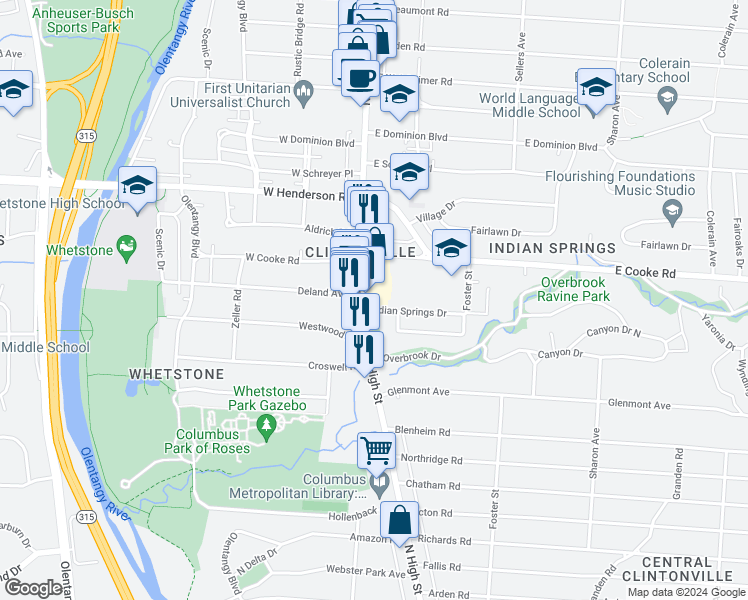 map of restaurants, bars, coffee shops, grocery stores, and more near 4250 North High Street in Columbus