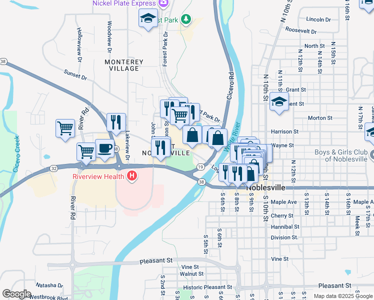 map of restaurants, bars, coffee shops, grocery stores, and more near 176 Logan Street in Noblesville