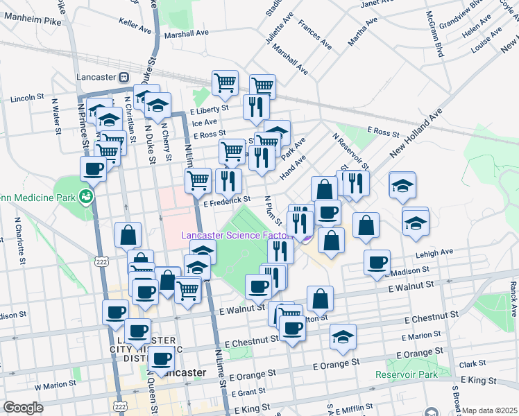 map of restaurants, bars, coffee shops, grocery stores, and more near 346 Maple Avenue in Lancaster
