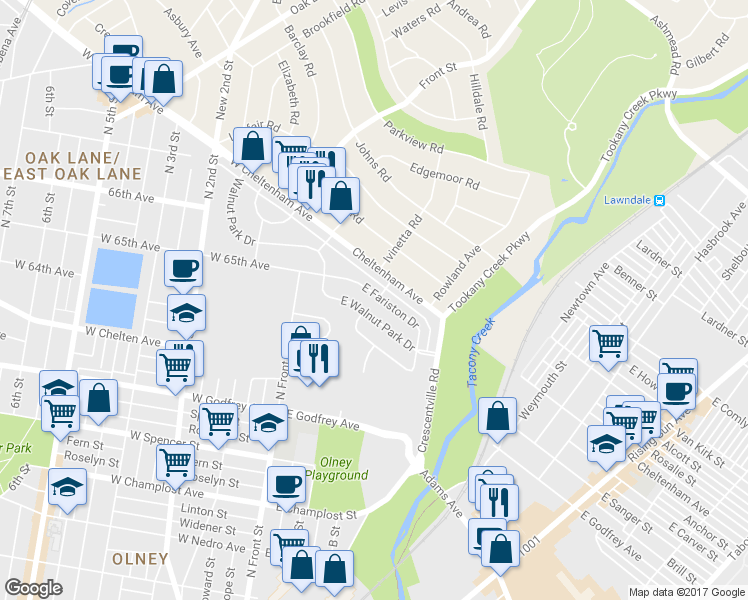 map of restaurants, bars, coffee shops, grocery stores, and more near 170 East Fariston Drive in Philadelphia