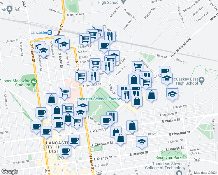 map of restaurants, bars, coffee shops, grocery stores, and more near 582 North Plum Street in Lancaster