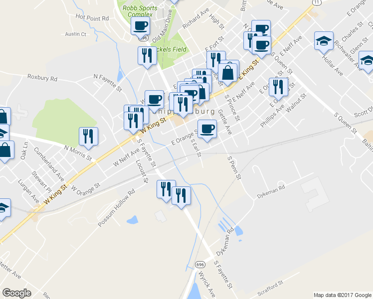 map of restaurants, bars, coffee shops, grocery stores, and more near 141 South Seneca Street in Shippensburg