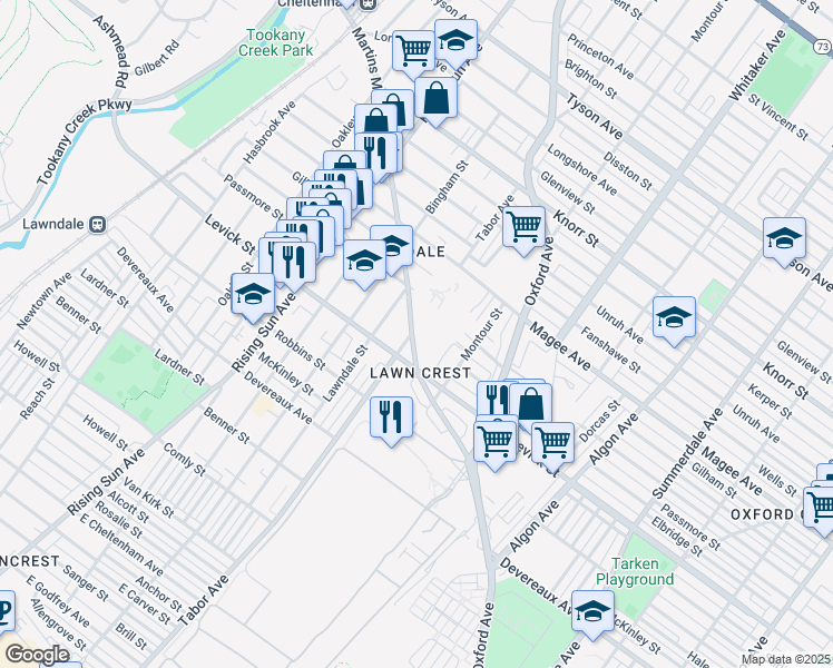 map of restaurants, bars, coffee shops, grocery stores, and more near 6596 Tabor Avenue in Philadelphia