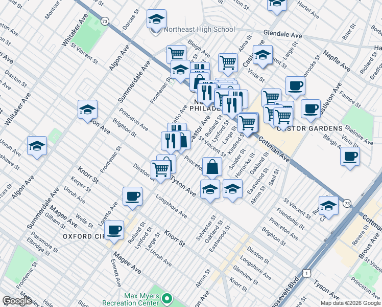 map of restaurants, bars, coffee shops, grocery stores, and more near 7137 1/2 Rutland Street in Philadelphia