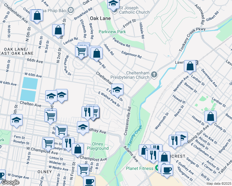 map of restaurants, bars, coffee shops, grocery stores, and more near 181 East Fariston Drive in Philadelphia