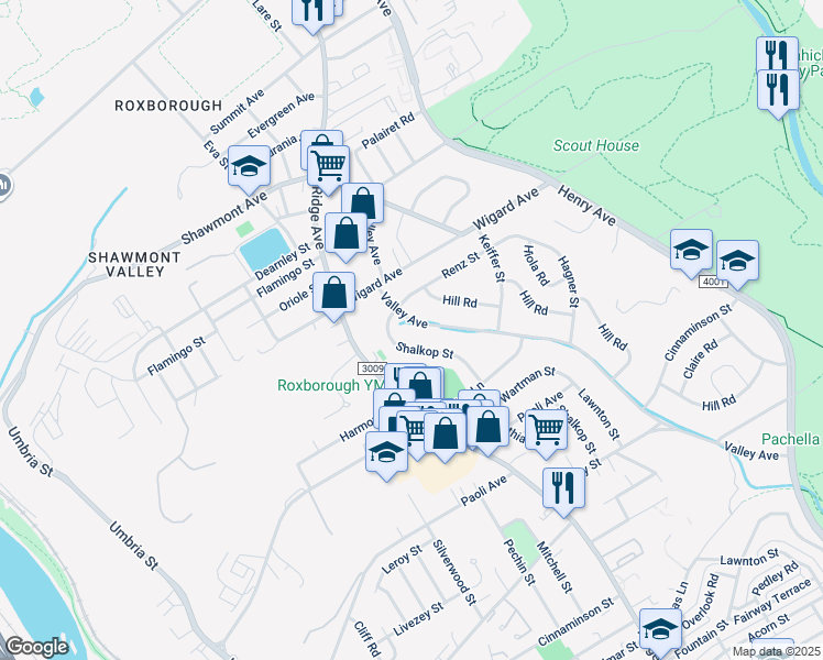 map of restaurants, bars, coffee shops, grocery stores, and more near 7390 Valley Avenue in Philadelphia