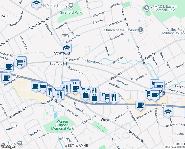 map of restaurants, bars, coffee shops, grocery stores, and more near 6 Hedgerow Lane in Strafford