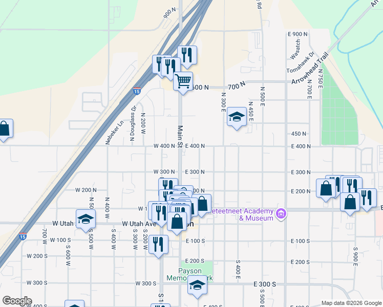 map of restaurants, bars, coffee shops, grocery stores, and more near 40 East 400 North in Payson