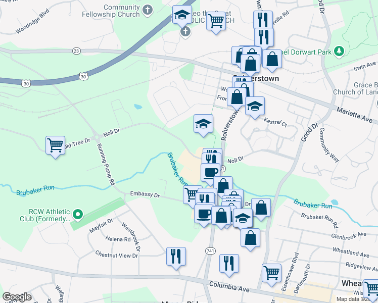 map of restaurants, bars, coffee shops, grocery stores, and more near Noll Drive in Lancaster