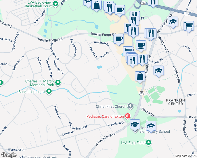 map of restaurants, bars, coffee shops, grocery stores, and more near 218 Candalwood Lane in Exton