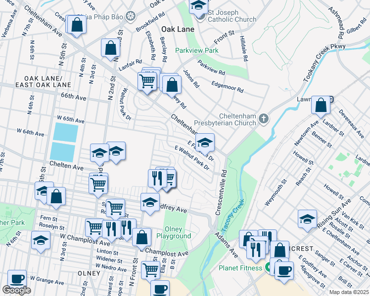 map of restaurants, bars, coffee shops, grocery stores, and more near 193 East Walnut Park Drive in Philadelphia