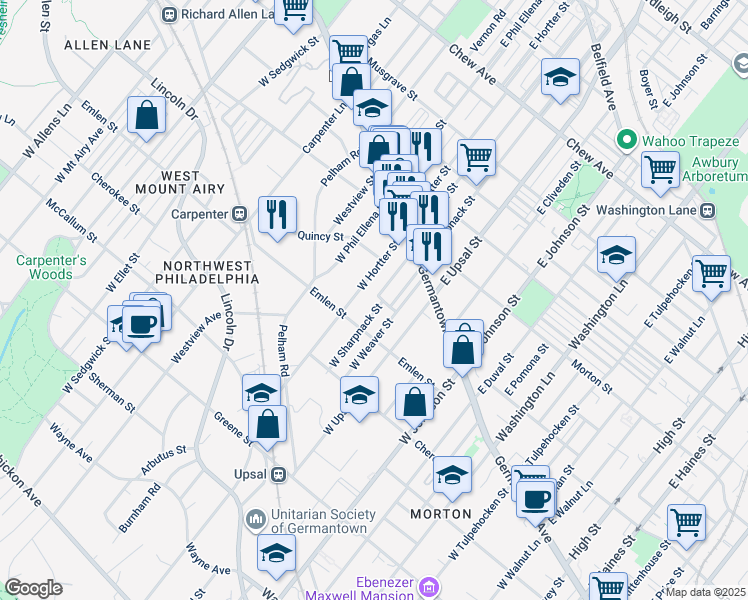 map of restaurants, bars, coffee shops, grocery stores, and more near 61 West Sharpnack Street in Philadelphia