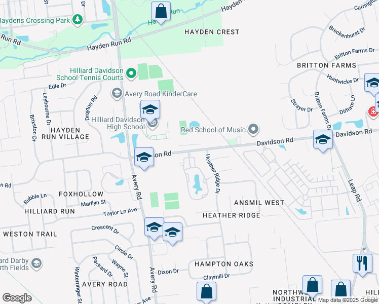 map of restaurants, bars, coffee shops, grocery stores, and more near 4663 Crystal Lake Drive in Hilliard