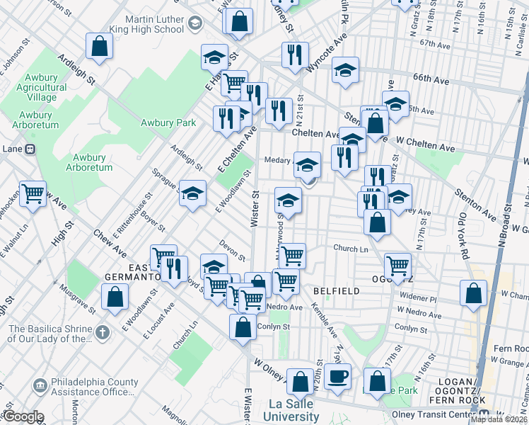map of restaurants, bars, coffee shops, grocery stores, and more near 6128 North Beechwood Street in Philadelphia