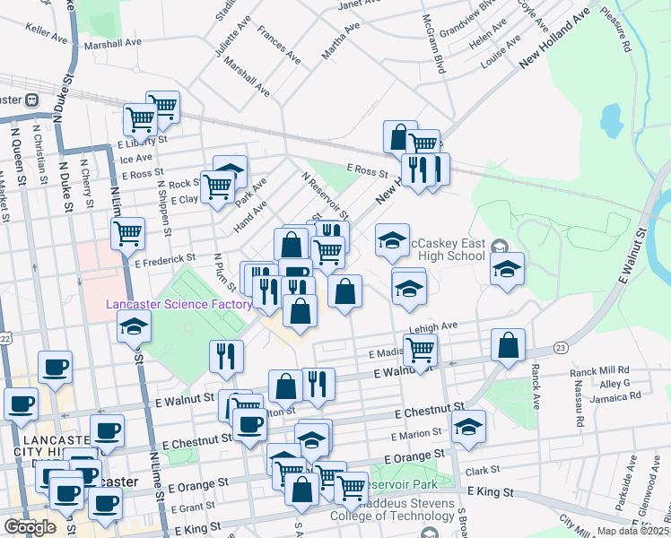 map of restaurants, bars, coffee shops, grocery stores, and more near 575 North Franklin Street in Lancaster