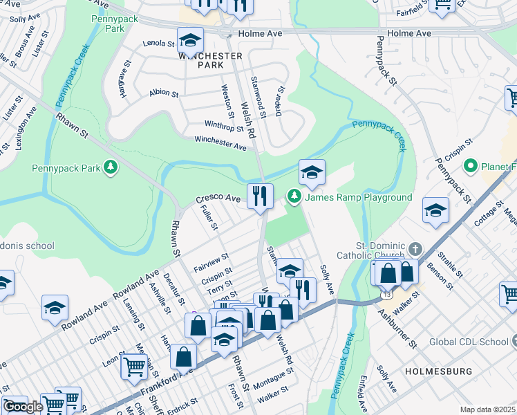 map of restaurants, bars, coffee shops, grocery stores, and more near 8126 Rowland Avenue in Philadelphia