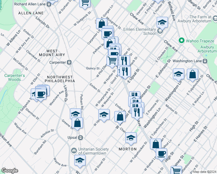 map of restaurants, bars, coffee shops, grocery stores, and more near 61 West Sharpnack Street in Philadelphia