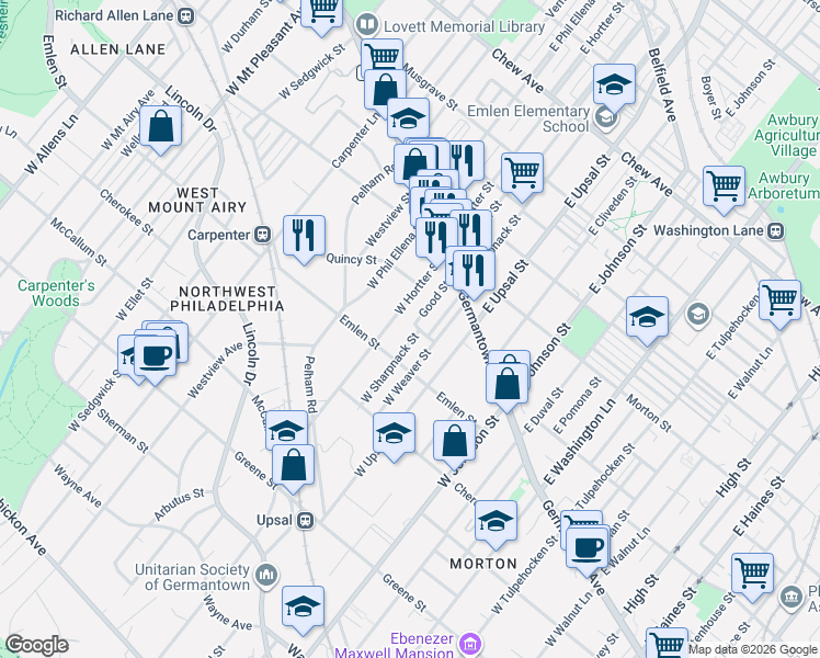 map of restaurants, bars, coffee shops, grocery stores, and more near 63 Good Street in Philadelphia
