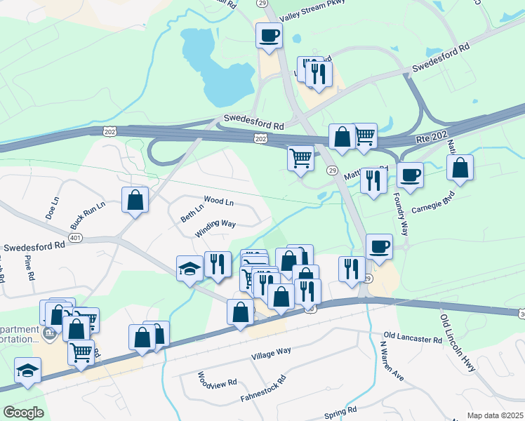 map of restaurants, bars, coffee shops, grocery stores, and more near 35 Wood Lane in Malvern