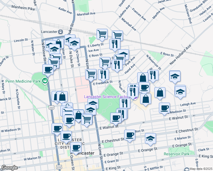 map of restaurants, bars, coffee shops, grocery stores, and more near 559 North Shippen Street in Lancaster