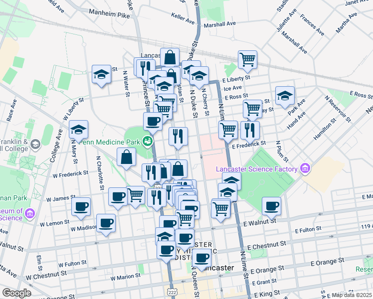 map of restaurants, bars, coffee shops, grocery stores, and more near 608 North Christian Street in Lancaster