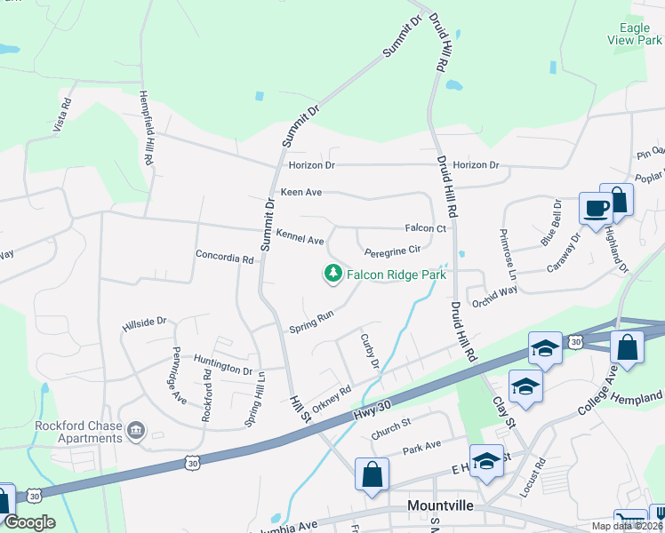 map of restaurants, bars, coffee shops, grocery stores, and more near 3633 Wildflower Lane in Mountville