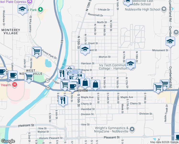 map of restaurants, bars, coffee shops, grocery stores, and more near 1194 Wayne Street in Noblesville
