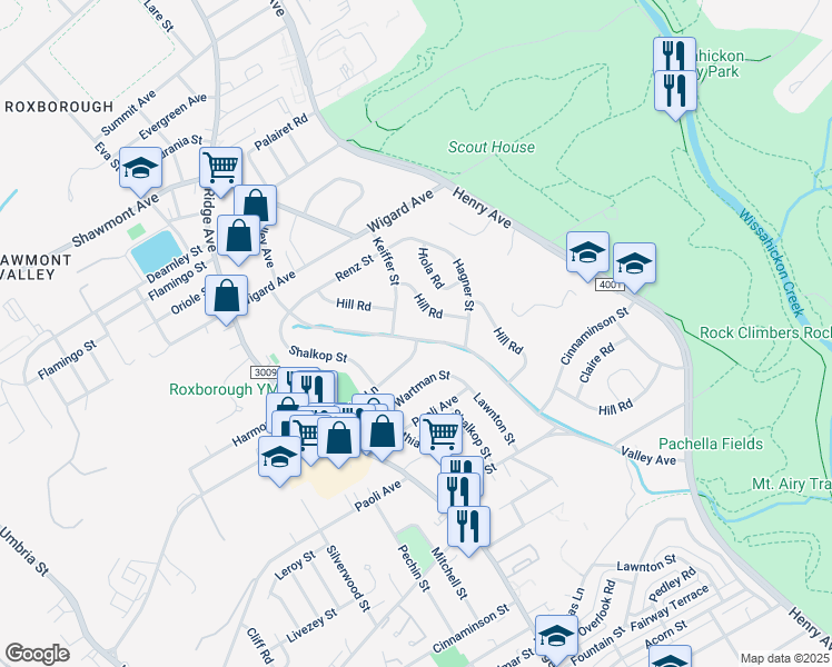 map of restaurants, bars, coffee shops, grocery stores, and more near 7273 Valley Avenue in Philadelphia