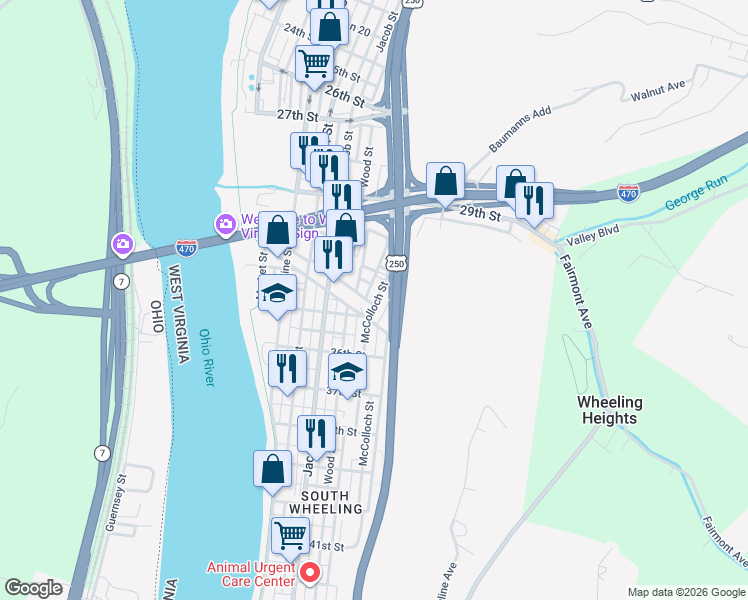 map of restaurants, bars, coffee shops, grocery stores, and more near 3141 McColloch Street in Wheeling