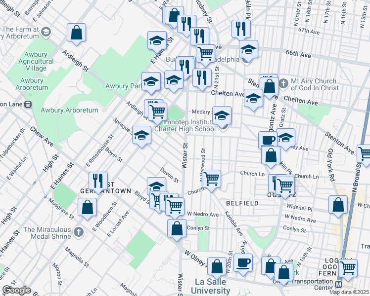 map of restaurants, bars, coffee shops, grocery stores, and more near Wister St & Ardleigh St in Philadelphia