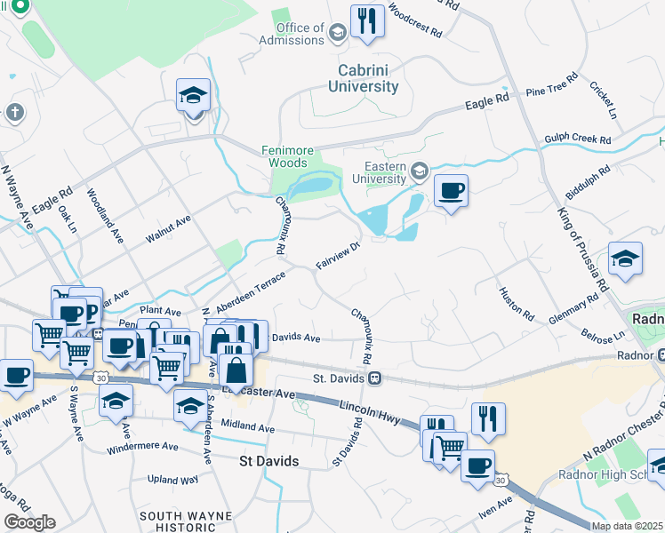 map of restaurants, bars, coffee shops, grocery stores, and more near 2 Fairview Drive in Saint Davids