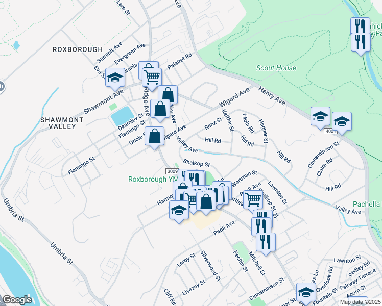 map of restaurants, bars, coffee shops, grocery stores, and more near 7390 Valley Avenue in Philadelphia