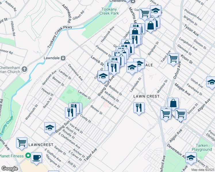 map of restaurants, bars, coffee shops, grocery stores, and more near 6239 Rising Sun Avenue in Philadelphia