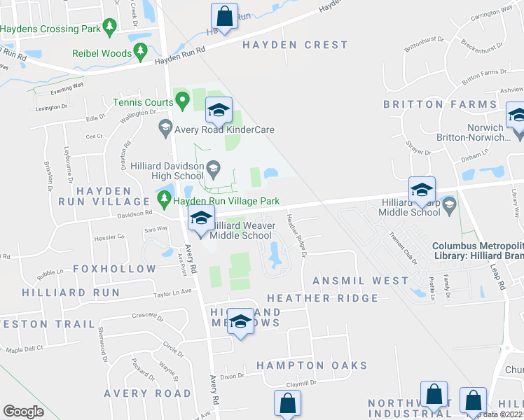 map of restaurants, bars, coffee shops, grocery stores, and more near Davidson Rd & Crystal Lake Dr in Hilliard