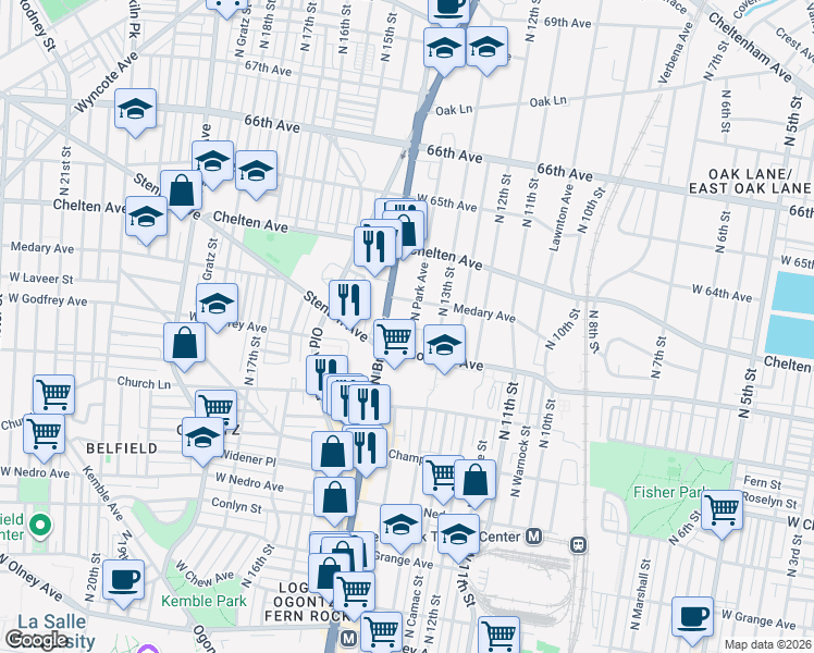 map of restaurants, bars, coffee shops, grocery stores, and more near 6210 North Park Avenue in Philadelphia