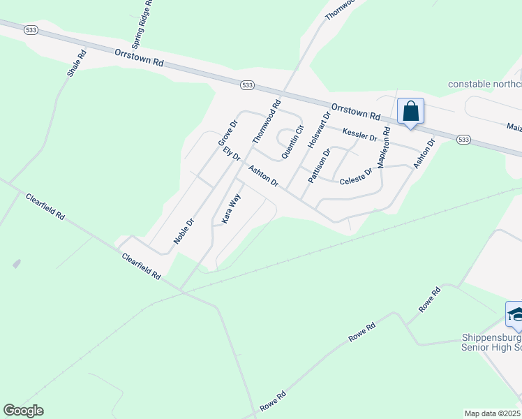 map of restaurants, bars, coffee shops, grocery stores, and more near 347 Franklin Way in Shippensburg