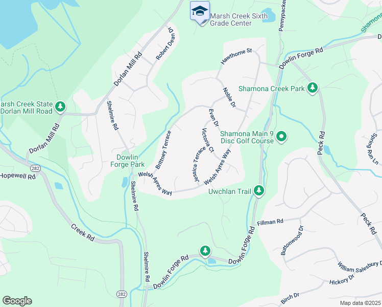 map of restaurants, bars, coffee shops, grocery stores, and more near 904 Jessica Terrace in Downingtown