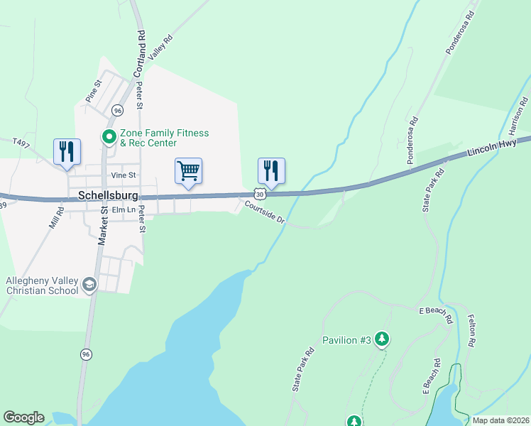 map of restaurants, bars, coffee shops, grocery stores, and more near Courtside Rd in Schellsburg