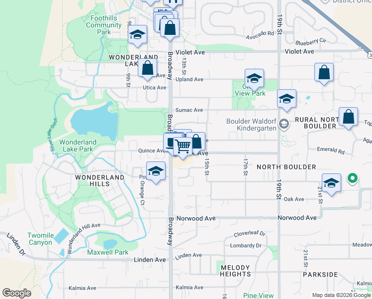 map of restaurants, bars, coffee shops, grocery stores, and more near 1401 Quince Avenue in Boulder