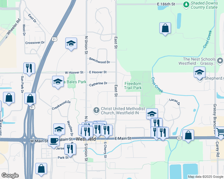 map of restaurants, bars, coffee shops, grocery stores, and more near 2 Sleepy Hollow Drive in Westfield