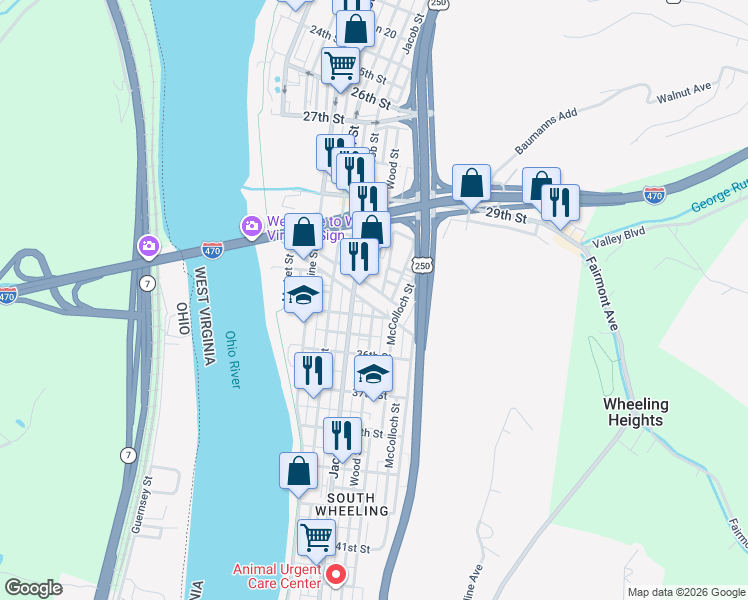 map of restaurants, bars, coffee shops, grocery stores, and more near 103 105 107-33RD Street in Wheeling