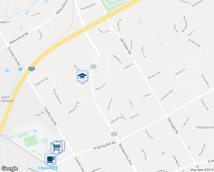 map of restaurants, bars, coffee shops, grocery stores, and more near 519 Spruce Lane in Villanova
