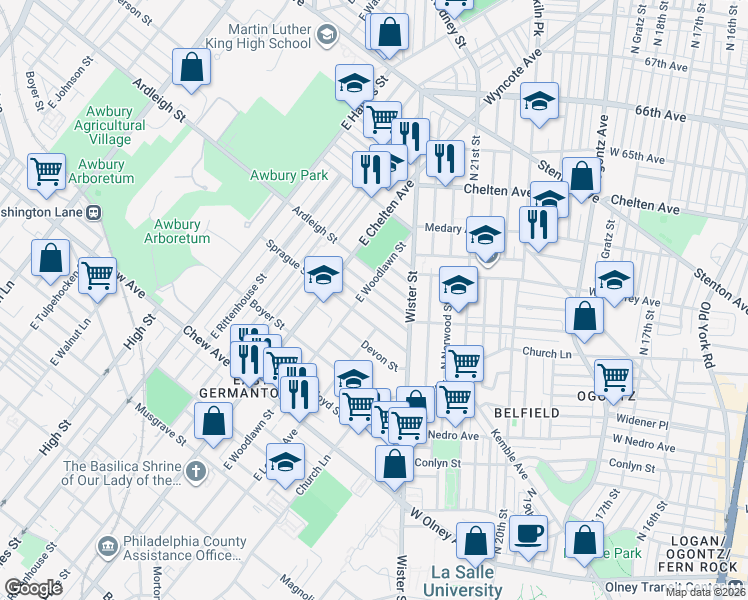 map of restaurants, bars, coffee shops, grocery stores, and more near 5530 Ardleigh Street in Philadelphia