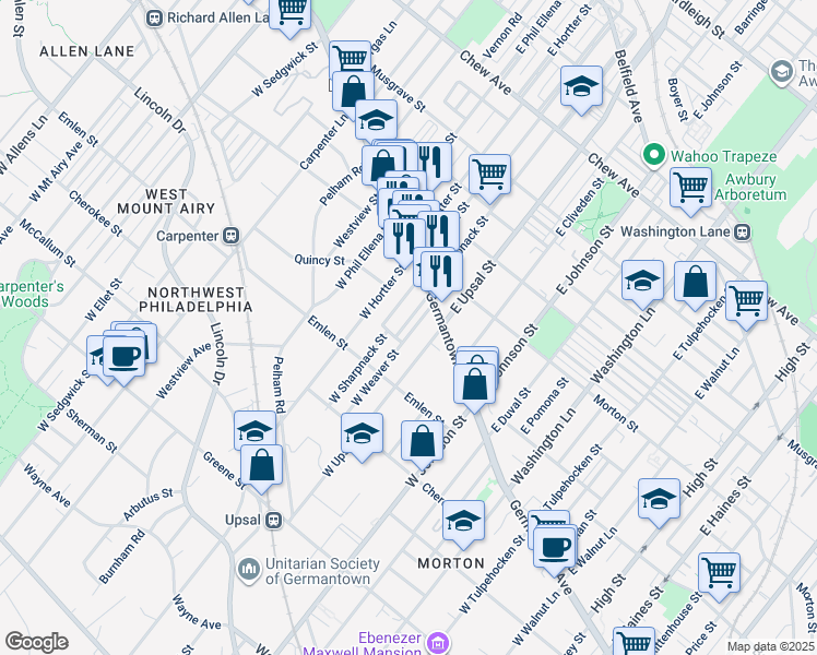 map of restaurants, bars, coffee shops, grocery stores, and more near 50 West Sharpnack Street in Philadelphia