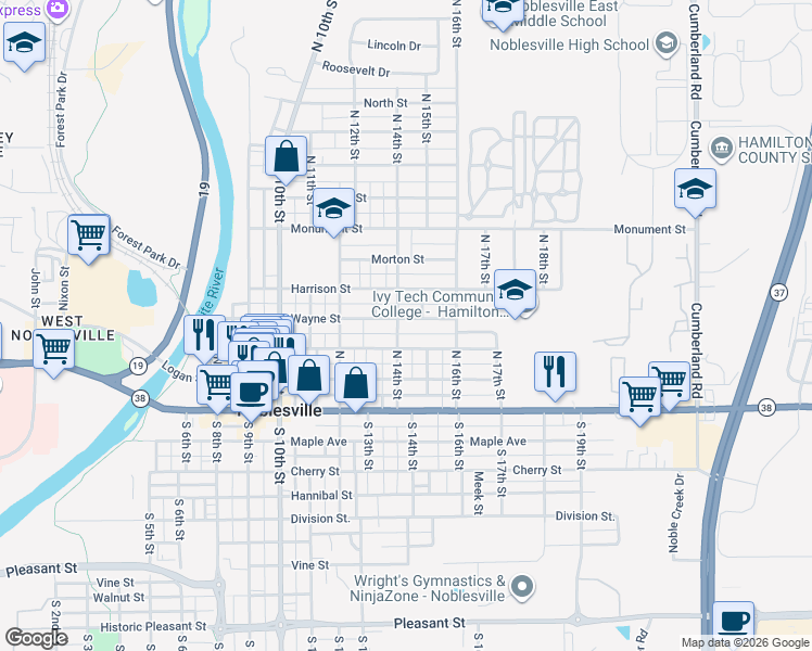 map of restaurants, bars, coffee shops, grocery stores, and more near 1442 Wayne Street in Noblesville