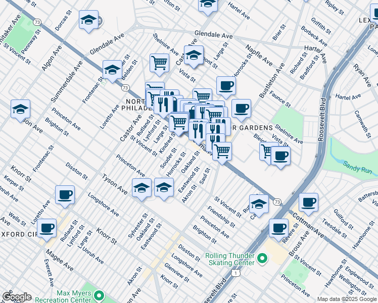map of restaurants, bars, coffee shops, grocery stores, and more near 7259 Horrocks Street in Philadelphia